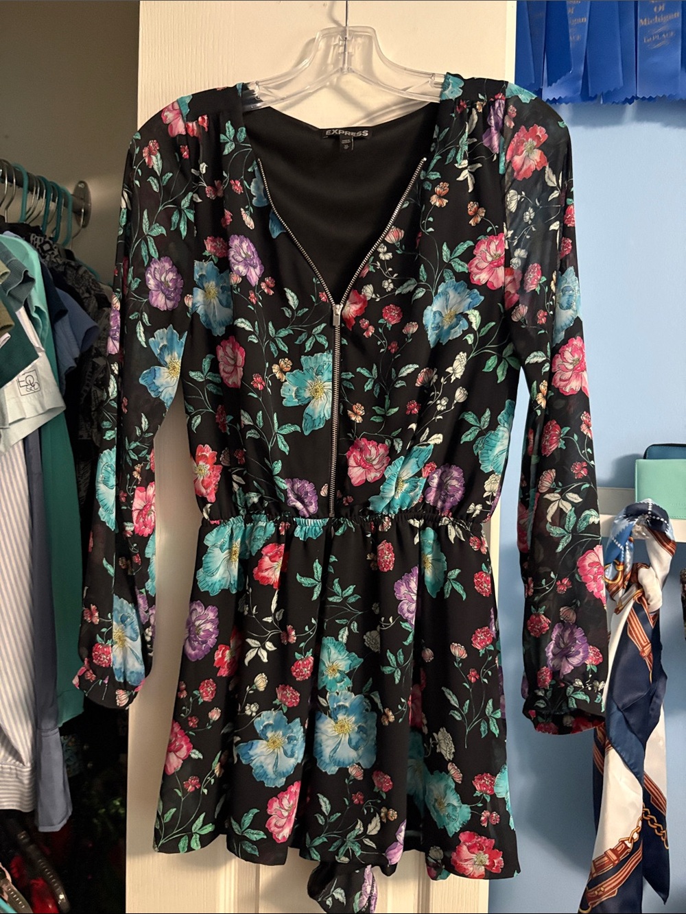 Express Black Floral Zip-Front Long Sleeve romper